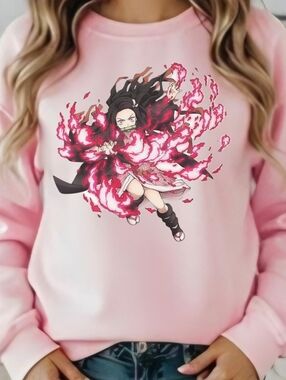 Pink Nezuko Kamado Anime Graphic Sweatshirt - Women Tops